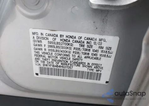 2004 Honda Pilot Ex из США, поврежденный, VIN 2HKYF18464H537057